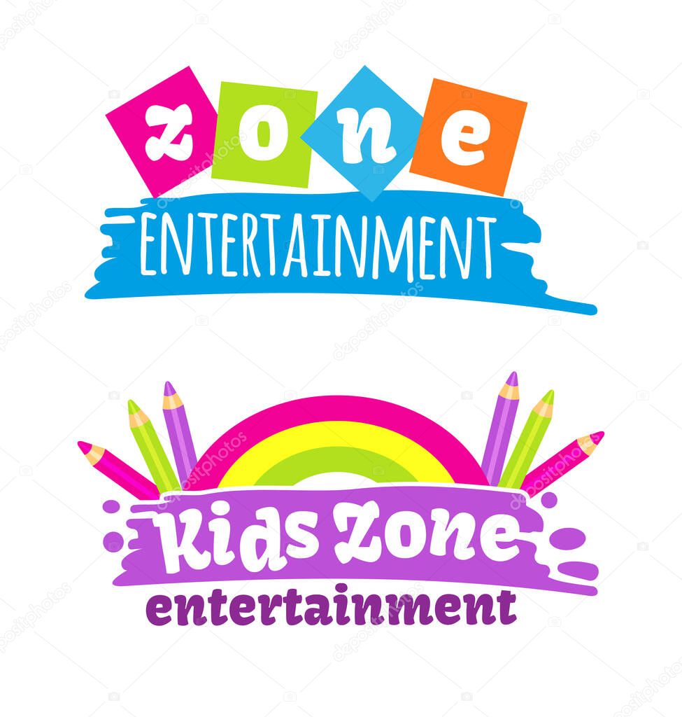 Kids zone fun day entertainment set childish banner label sticker badge logo. Cartoon colorful logo for children's playroom decoration, fun play, kids zone vector illustration