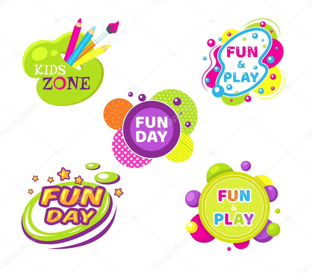 Kids zone fun day entertainment set childish banner label sticker badge logo. Cartoon colorful logo for children's playroom decoration, fun play, kids zone vector illustration