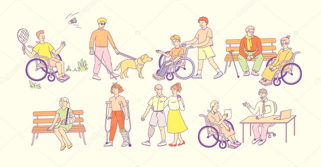 Disabled people with wheelchairs. People on artificial legs, on crutches, blind person with guide dog. Children, elderly with disabilities communicate, play sport, live fulfilling life flat vector