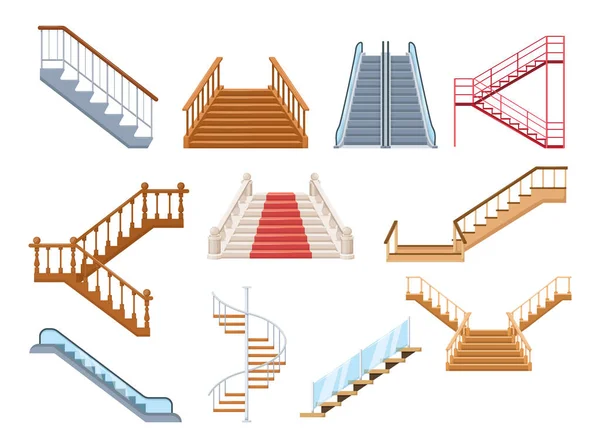 木制和金属楼梯与扶手设置 铺有红地毯的木制楼梯 螺旋形楼梯 自动梯 地板到地板的楼梯 孤立的卡通传送带 — 图库矢量图片