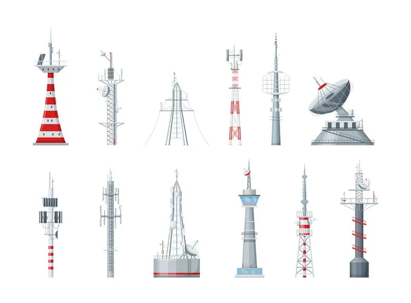 Communication Towers Set Radio Wireless Masts Telecommunication Towers Radio Antenna — Stock Vector