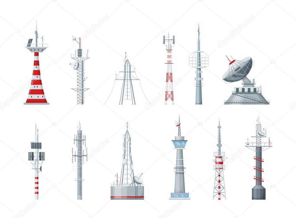 Communication towers set. Radio wireless masts and telecommunication towers, radio tv antenna. Communication satellite antenna, wireless television broadcast isolated vector