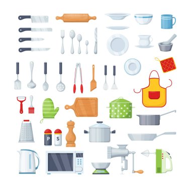 Yemek pişirme, metalik ve seramik mutfak çanakları için mutfak gereçleri. Mutfak gereçleri yemek pişirme aletleri, yemek pişirme ekipmanları, bardaklar, tabaklar, kaseler, bıçaklar, çatal bıçak takımı, kap, kıyma makinesi, mikser vektörü