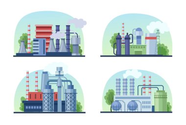 Sanayi fabrikası kuruldu. Boruları, elektrik santrali, imalatı, termal nükleer santralleri olan sanayi binaları. Boru dumanı kirliliği olan sanayi binaları çevre vektör karikatürü