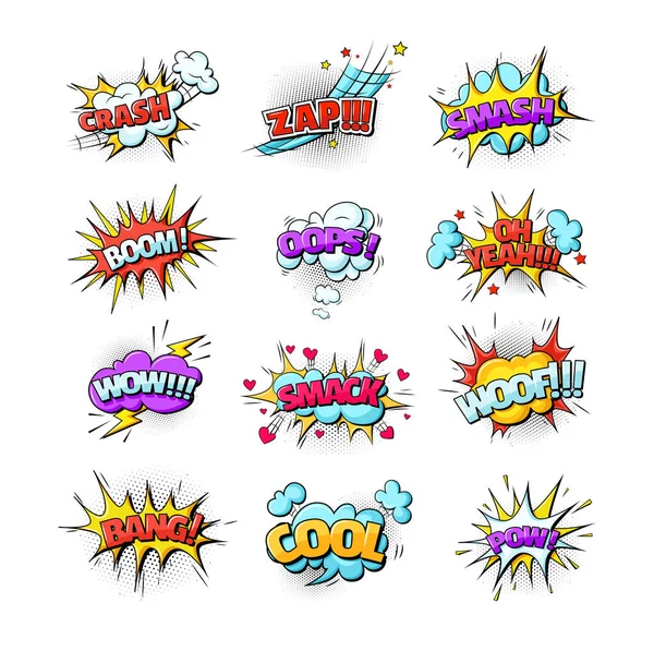 Çizgi roman konuşma balonu ses efektleri pop sanat tarzı. Tırnak içinde konuşma bulutları, ünlemler, şaşkınlık, hayranlık, öfke, ses efektleri pop sanatı. Komik konuşma balonu, bum, patlamış bulutlar çizgi film vektörü