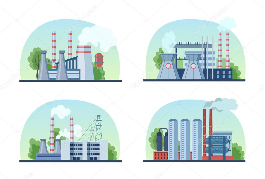 Industrial factory set. Industrial buildings with pipes, power station, manufacturing, thermal nuclear power plants. Industrial building plants with pipe smoke pollution the environment vector cartoon