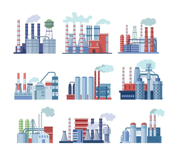 Industriële Fabrieksgebouwen Industriële Gebouwen Met Leidingen Elektriciteitscentrale Thermische Kerncentrales Verschillende — Stockvector