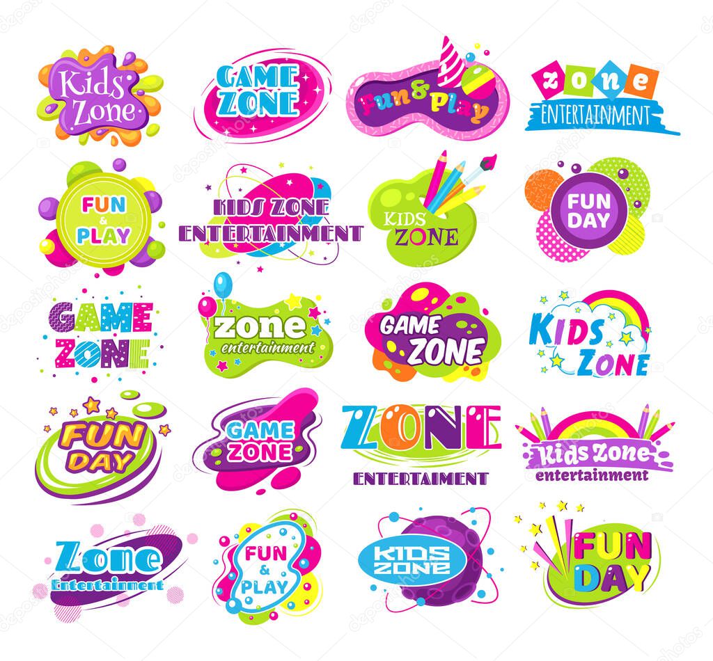 Kids zone fun day entertainment set childish banner label sticker badge logo. Cartoon colorful logo for children's playroom decoration, fun play, kids zone vector illustration