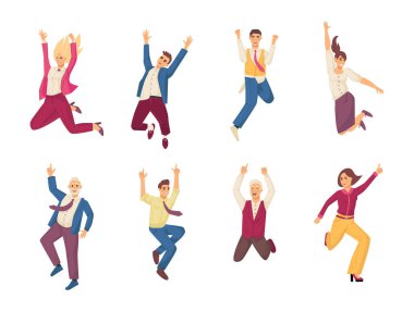 Ofisten atlama işinde mutlu musunuz? Ofis çalışanları şirket çalışanları şansla, takım çalışmasında başarıyla sevinir. İş arkadaşları birlikte gülerek zıplıyorlar. İş yerindeki işçiler çizgi film vektörü