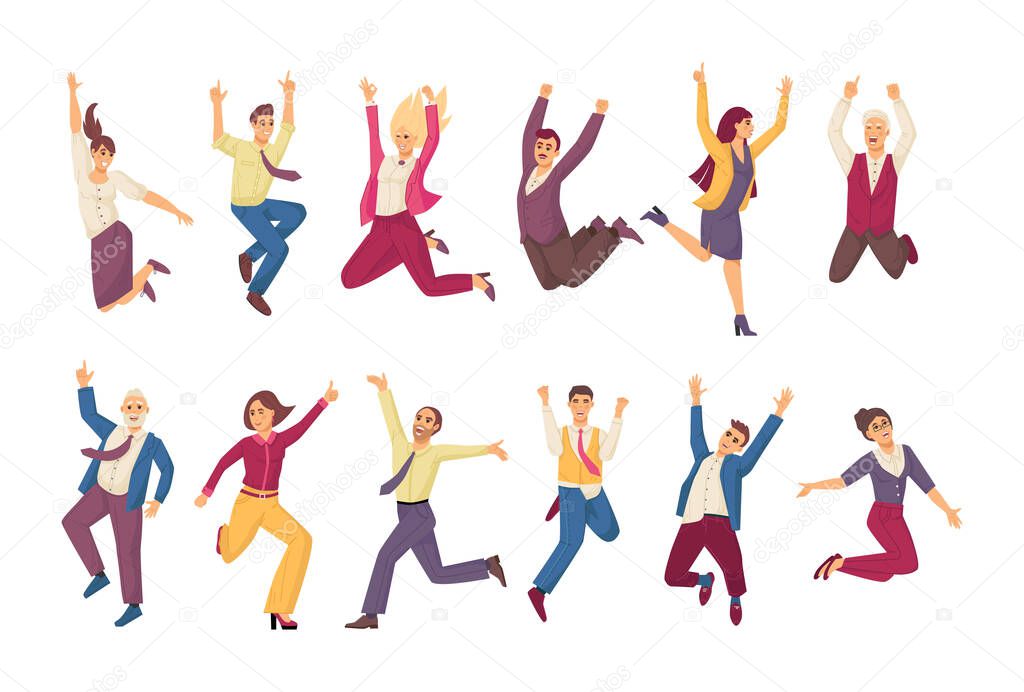 Happy jumping office business peopl?. Office workers corporate employees rejoice at luck, success in teamwork. Fun colleagues at work together jumping smiling. Workers in workplace cartoon vector