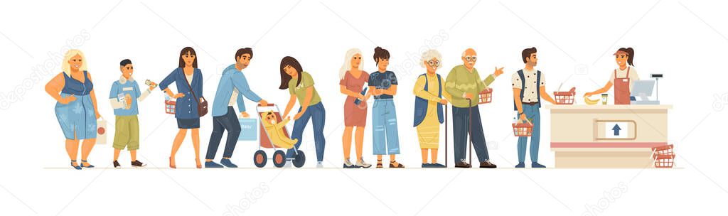 Group people waiting in queue supermarket. Food store elderly couple woman man rid children in queue to the cashier. Cashier punches goods at the checkout, customer service cartoon vector