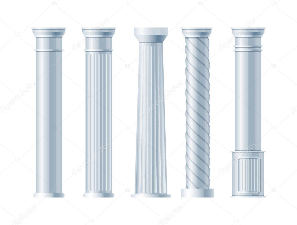 Realistic antique pillars set. Antique column, classic pillar. Ancient ornate pillars historic roman greek architecture facades of historic buildings isolated vector illustration