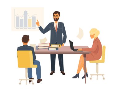 İnsanlar planlama üzerine iletişim kuruyor, büyüme çizelgeleriyle toplantılar yapıyorlar. İş ekibinde işbirliği, başarı, hedefe ulaşmak için işbirliği. İş ortakları olasılıkları tartışıyor. Vektör illüstrasyonu.