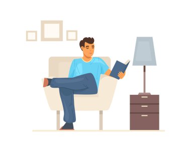 Karantinada kal. İnsanlar evlerinde ya da odalarında oturuyorlar. Genç adam rahat bir oturma odasında bir koltukta oturup kitap okuyor. Kişisel izolasyon kavramı vektör illüstrasyonu