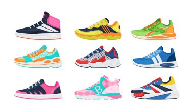 Fitness sneakers shoes set. Comfortable shoes for training, running and walking. Sports shoes of various shapes, training footwear, active sport sneakers cartoon vector illustration clipart