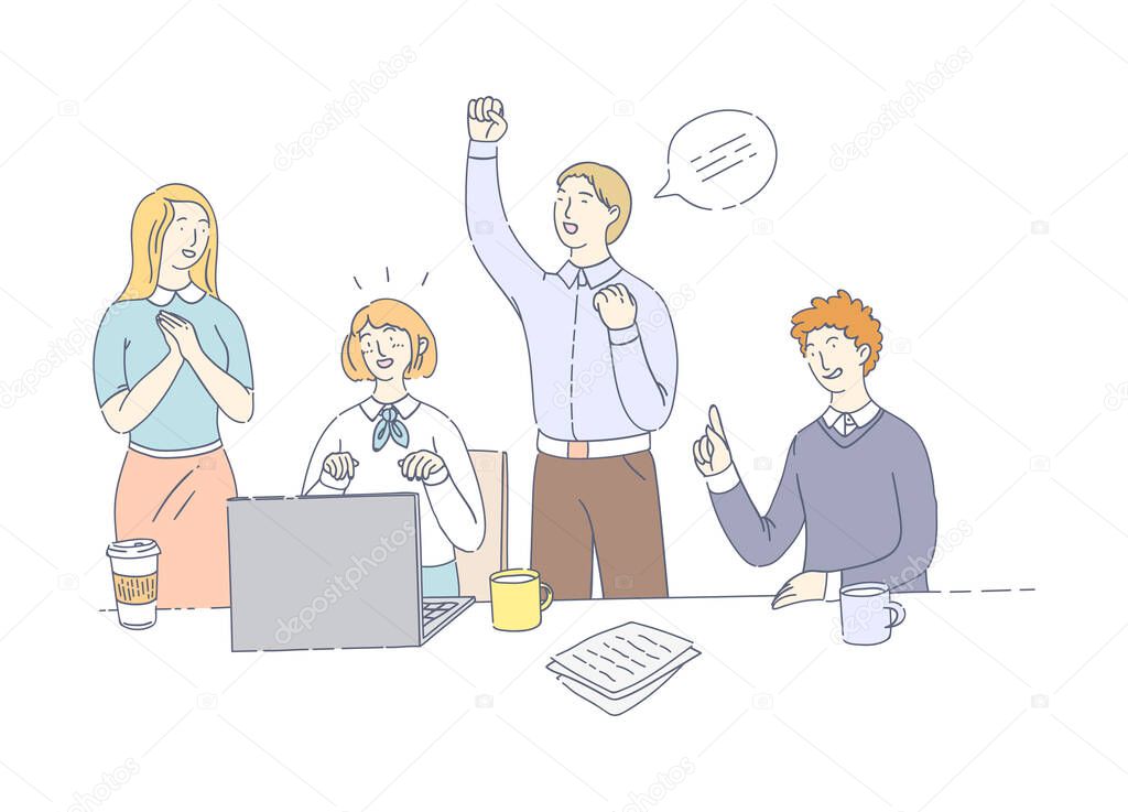 Business office workers team cooperation. Team meetings together, teamwork group of people over solution of task. Joint negotiation with work colleagues, coworkers rejoice at success of solved problem