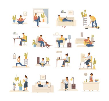 Karantinada kal. İnsanlar evde oturuyor, yoga meditasyonu yapıyor, rahatlıyor, kitap okuyor, çalışıyor, müzik dinliyor. Sıcak, modern iç mekan. Koronavirüs yüzünden karantina altında..