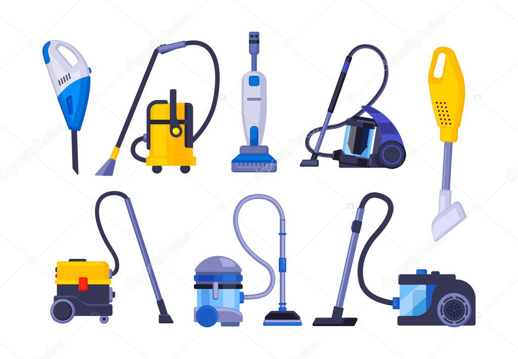 Vacuum cleaner equipment cartoon set. Washing robot cyclone and car vacuum cleaner. Professional cleaning equipment for home and business vector illustration