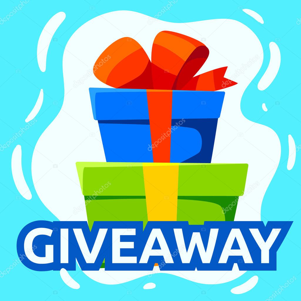 Giveaway winner gift. Free give away wrapped gift box with ribbons template. Giveaways post gift, winner reward banner, quiz posters, way of promotion, advertising in social media vector illustration