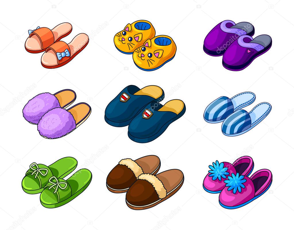 Home footwear - pairs slippers, textile domestic outfit element or garment shoes soft fabric. Comfortable kids and adult footwear with animal head, flip flops, shoes isolated vector illustration