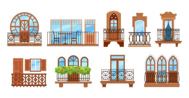 Ön cephesi olan klasik bir balkon. Balkon pencereleri, ahşap korkuluk ön cephesi ya da metal dövülmüş çitler. Pencere, kapı, saksı bitkilerinin olduğu ön cephe balkonları retro dekor çizgi film vektörü