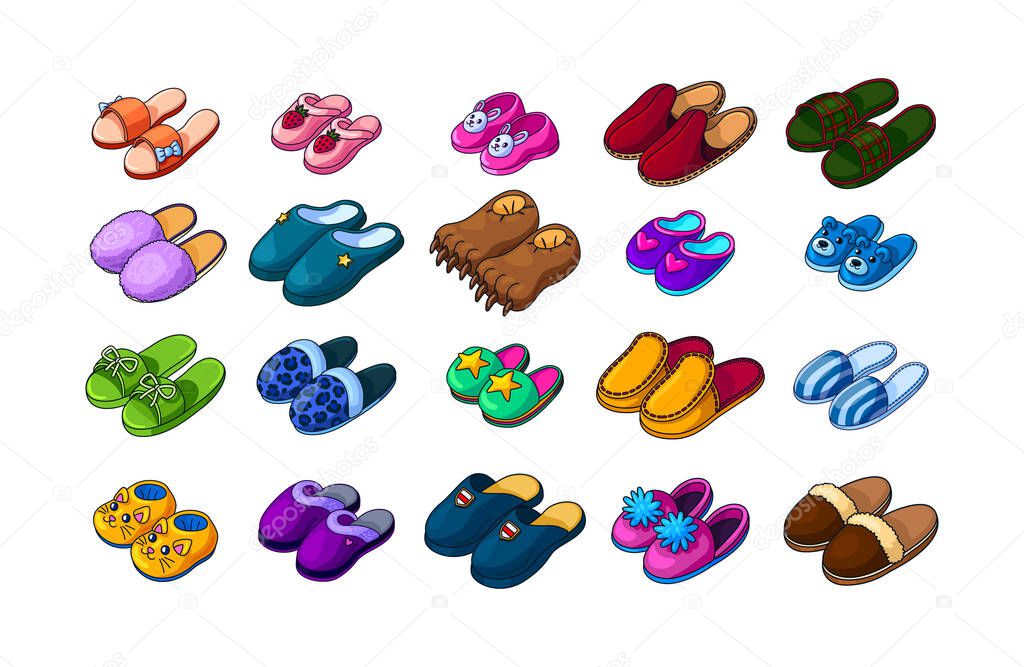 Home footwear - pairs slippers, textile domestic outfit element or garment shoes soft fabric. Comfortable kids and adult footwear with animal head, flip flops, shoes isolated vector illustration