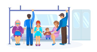 Metroyla metro treni ulaşımı. Yolcular metro görevlisi kadın yaşlılar toplu taşıma araçlarında oturuyorlar. Taşıyıcı iç çizgi film vektörlü yolcu treni