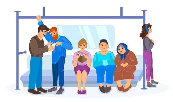 地下鉄地下鉄の人々との列車輸送 乗客のメトロ男性の女性高齢者の公共交通機関の中に立って座っている 客車内装漫画ベクトル付き旅客列車 — ストックベクタ