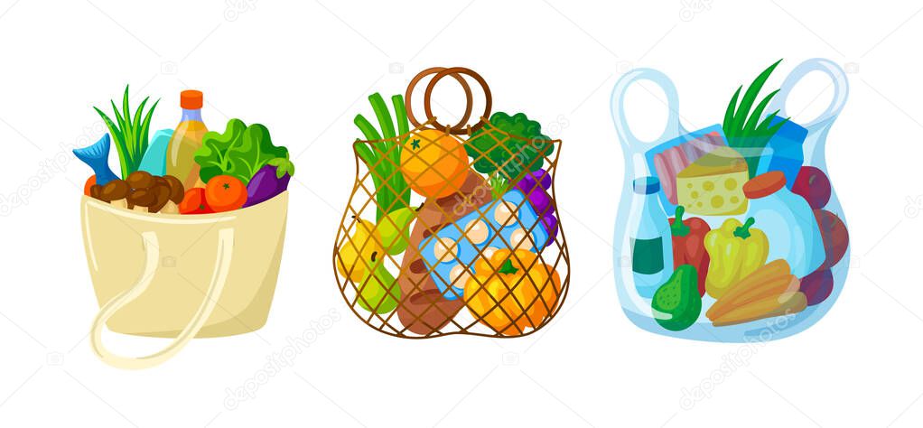 Natural grocery food basket. Bag, package with grocery food milk, meat, bread, fruits and vegetables. Fresh goods from the supermarket, online shopping cartoon vector