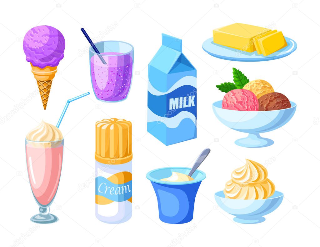 Dairy natural nutrition milk products set. ?rganic farm product for market and homemade food cottage cheese, milk, butter, cheese, sour cream, yogurt, ice cream, milk shake, smoothies vector isolated