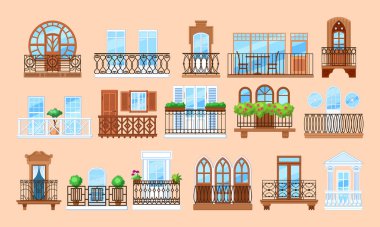 Ön cephesi olan klasik bir balkon. Balkon pencereleri, ahşap korkuluk ön cephesi ya da metal dövülmüş çitler. Pencere, kapı, saksı bitkilerinin olduğu ön cephe balkonları retro dekor çizgi film vektörü