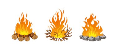 Firewood boards, outdoor bonfire of branches, fire burning wooden logs, flaming, extinct fire bonfire, coals. Wood campfire. Wood material branches, planks, logs. Firewood flames, bonfire flame vector clipart