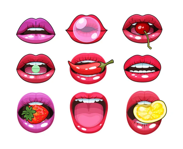 Sexy Woman Mouth Set Red Sexy Girls Lips Stickers Expressing — Stock Vector