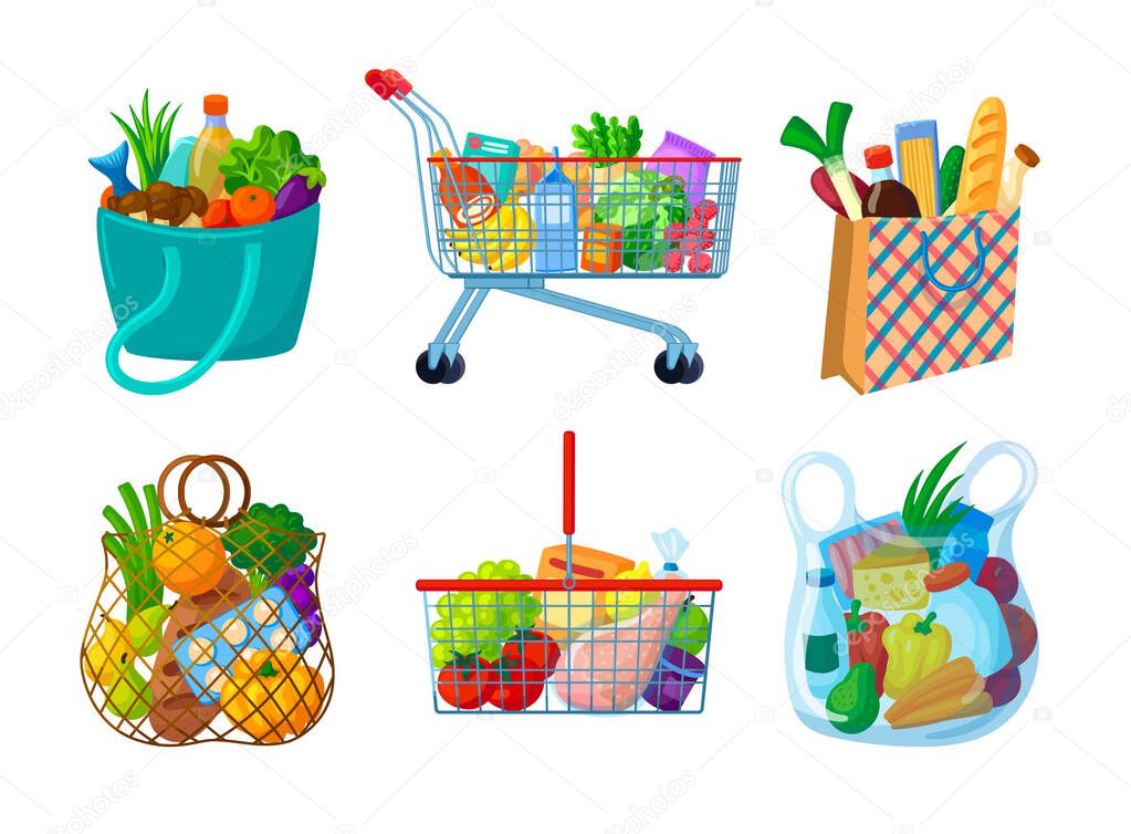 Natural grocery food basket. Trolley, basket, craft package, paper bag with grocery food milk, meat, bread, fruits and vegetables. Fresh goods from the supermarket, online shopping cartoon vector
