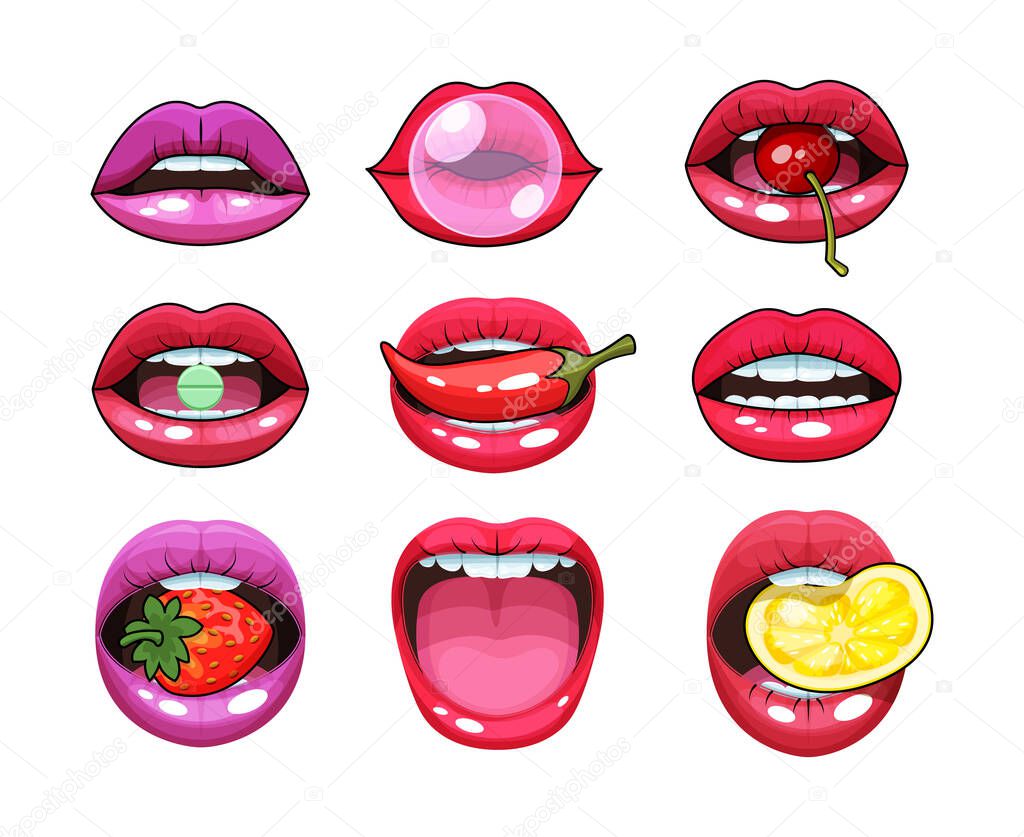Sexy woman mouth set. Red sexy girls lips stickers expressing differents emotions. Sexy sensual, provocative lips with pepper, lemon, strawberry, chewing gum, pill in the teeth vector illustration