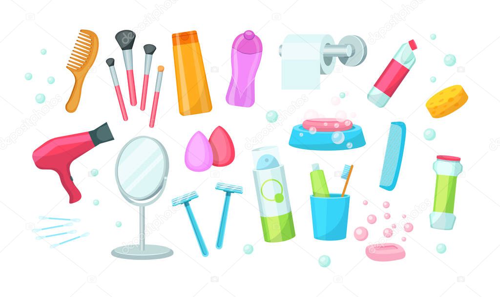 Bathroom with bath accessories. Soap dish, glass with paste and brushes, shaving cream, bathroom, sink cleaners, hairdryer, mirror, bathrobe, combs and makeup accessories vector illustration