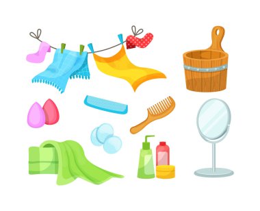Banyo saunası aksesuarlı banyo havluları şampuan aynalı taraklar ve makyaj aksesuarları. Hijyen ürünleri, vücut bakımı, ev hanımı aksesuarları vektör illüstrasyonu