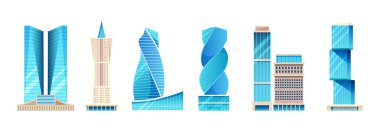 Geleceğin şehri. Modern gökdelenler. Ofis binaları, yüksek binalar, yüksek binalar, kuleler şehir mimarisi, popüler iş merkezleri ve diğer gayrimenkul vektörleri