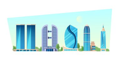 Şehir merkezinde modern gökdelenleri olan bir şehir. Ofis binaları, yüksek katlı evler, Tower City iş mimarisi, popüler iş merkezleri, diğer gayrimenkul vektörleri.