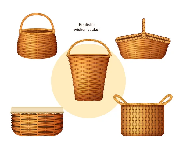 Realistic Wicker Basket Set Handcraft Decorative Basketry Picnic Containers Empty — Stock Vector