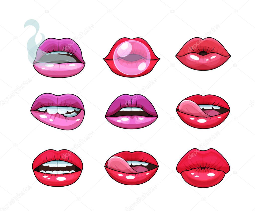 Sexy woman mouth set. Red sexy girls lips love kissing stickers expressing with different emotions smile, kiss, discontent, modesty, show tongue, passion, exhale smoke, inflate gum vector