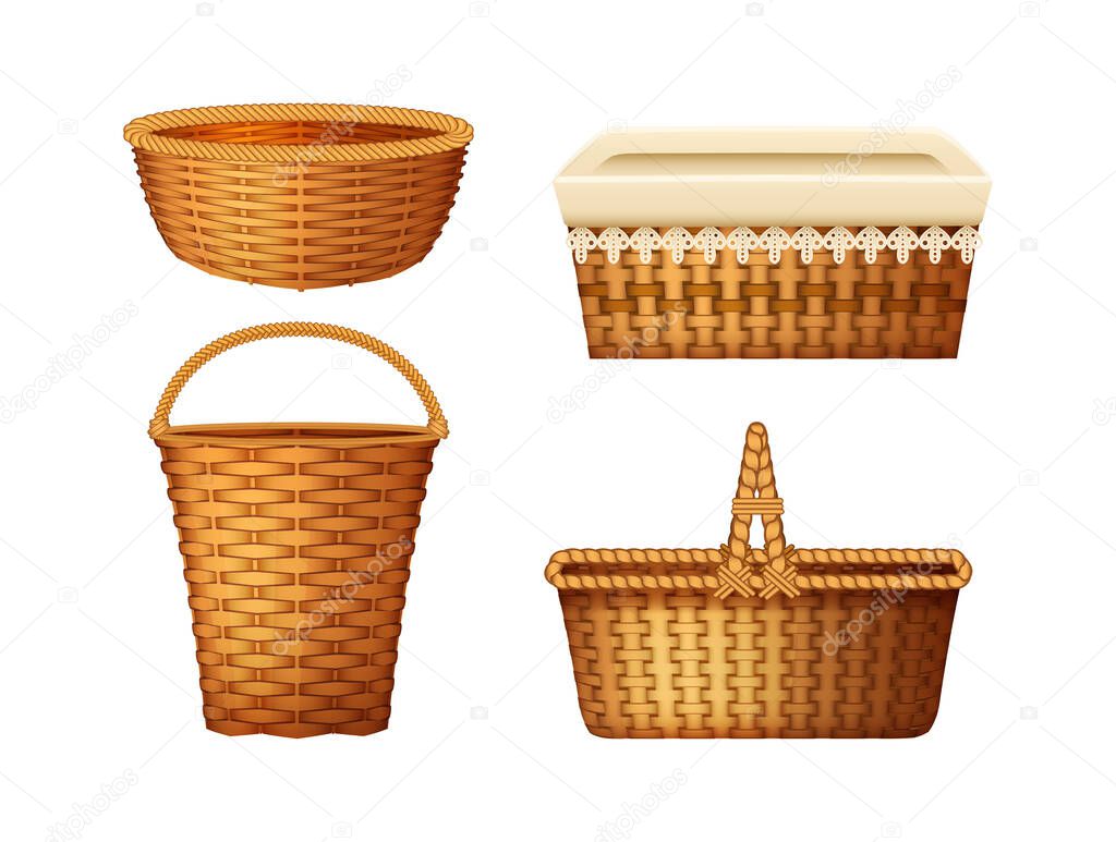 Realistic wicker basket set. Handcraft decorative basketry picnic containers. Empty wicker basket for Easter holiday, picnic, countryside, home decoration vector illustration