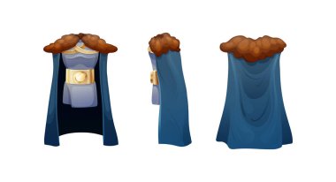 Gerçekçi karnaval ortaçağ kral pelerini kostümü. Askeri liderin pelerini, kürk yakalı başkomutan. Karnaval kostümü, manzara vektörünün arkasındaki şenlik kıyafetleri.