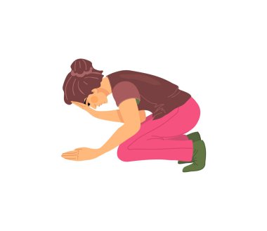 Umutsuzluk içindeki mutsuz genç kız, öfke, diz çökme, üzüntü, ifade yalnızlığı, acı problemleri. Sinir sorunları olan sinirli bir kadın. Öfke ve sinirden kafasını tutuyor. Umutsuzluk, hüsran vektörü