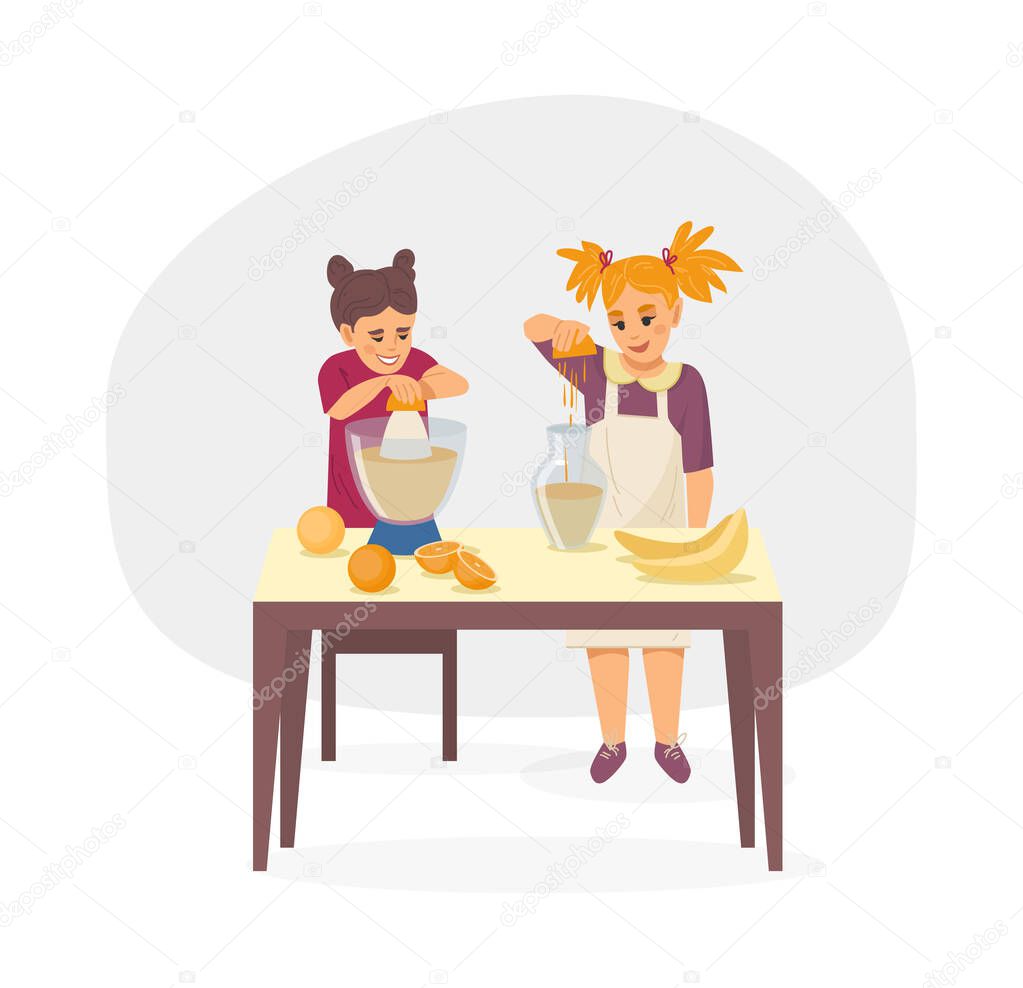 ?ooking kids class. Cooks children. Kids cooking food, two girls squeeze fruit juice into decanters, making fresh fruit juice on masterclass cartoon vector illustration