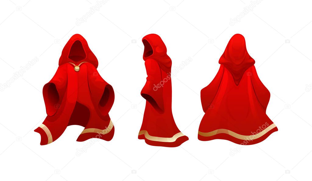 Realistic magic red cape of cloak costume, mantle of magician, mysterious costume. Red velvet robe mage. Carnival costume, mockup festive clothing front back behind view. Masquerade fancy dress vector