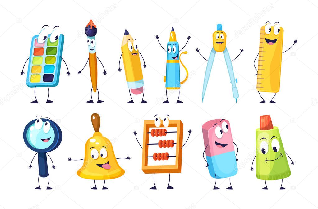 School funny office supplies characters. School stationery mascots with smile faces compass, book, marker, pen, backpack, eraser, globe, paints, calculator, bell, magnifier. Happy education supplies