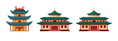 Geleneksel Çin binaları, Asya mimarisi Çin Mahallesi. Çin mahallesinde tapınak, tapınak, ev. Çin şehir simgeleri manzara, Japonya mimari sarayı pagoda karikatür vektörü inşa ediyor