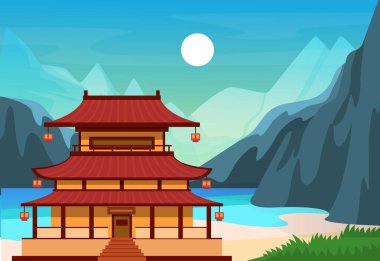 Geleneksel Çinliler, Çin binaları, pagoda, tapınak, ev olan Asya sokakları. Çin kenti manzarası, Japonya mimarisi. Mutlu Çin Yeni Yıl tebrik kartı vektörü