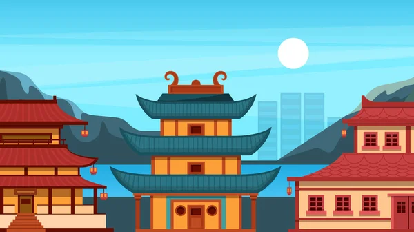 Traditionnel Chinois Rue Asiatique Avec Bâtiments Chinois Pagode Temple Maison — Image vectorielle
